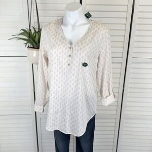 New LL Bean Tencel Blend Popover Shirt Cream Purple Print Roll Tab Sleeve Size M